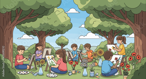 Children painting flowers on easels in a sunny outdoor art class setting