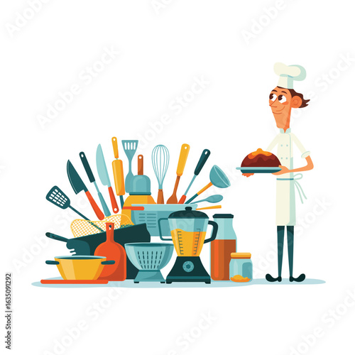 Cartoon chef with a variety of kitchen utensils and appliances