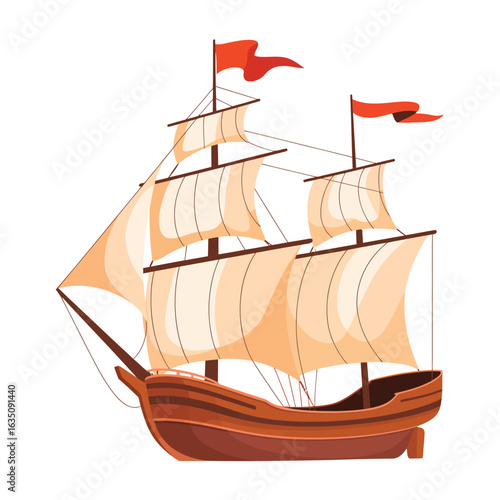 Wooden sailing ship with white sails and red flags on a white background