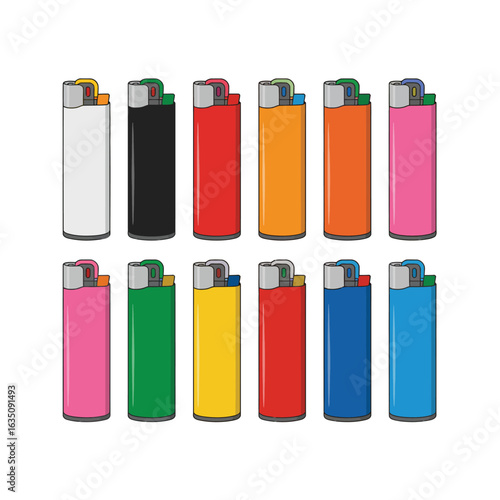 Collection of colorful disposable lighters arranged in two rows against a white background