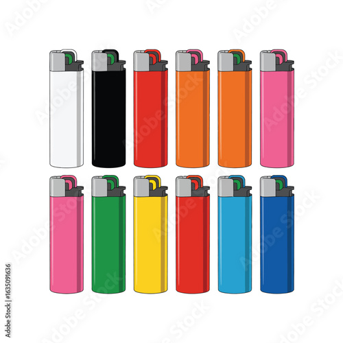 Collection of colorful disposable lighters arranged in two rows