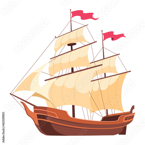 Vintage wooden sailing ship with full sails and red flags