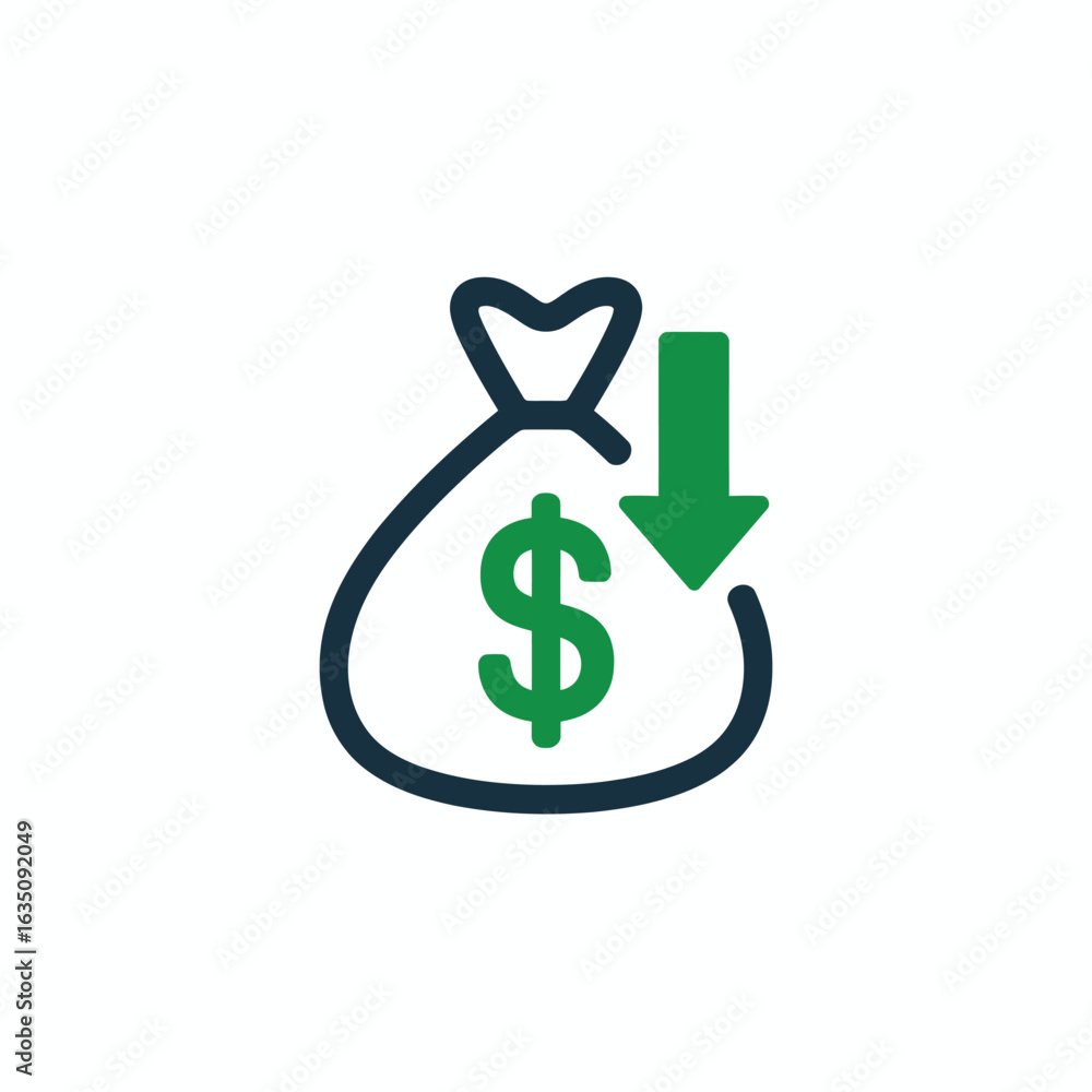 Fototapeta premium Money bag with downward arrow indicating financial loss or decrease
