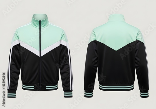 Retro-style track jacket, black and mint green color-blocked design, front and back views.