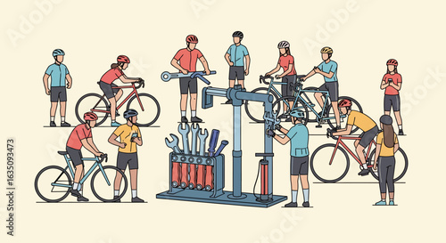 Cyclists and Mechanics at a Bike Repair Station with Tools and Equipment