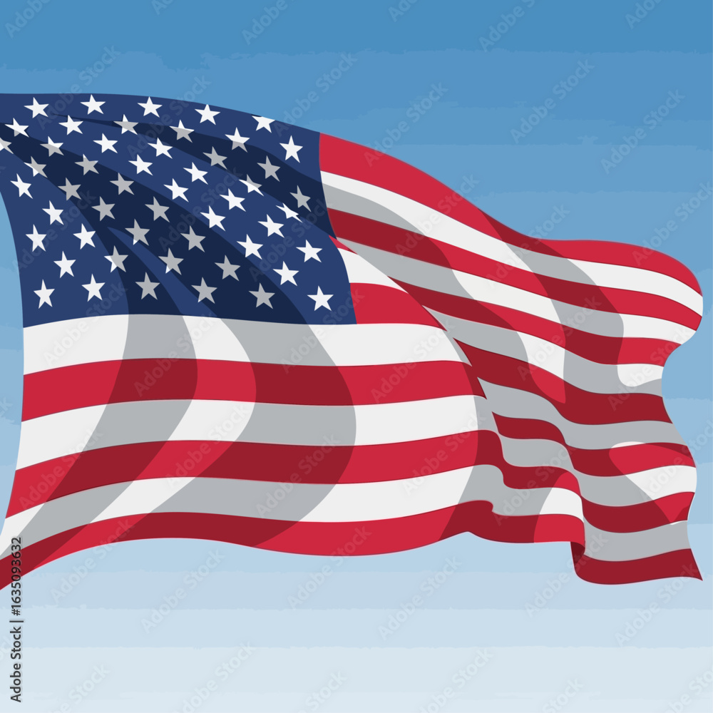 Fototapeta premium A vibrant illustration of the American flag waving gracefully in a blue sky.