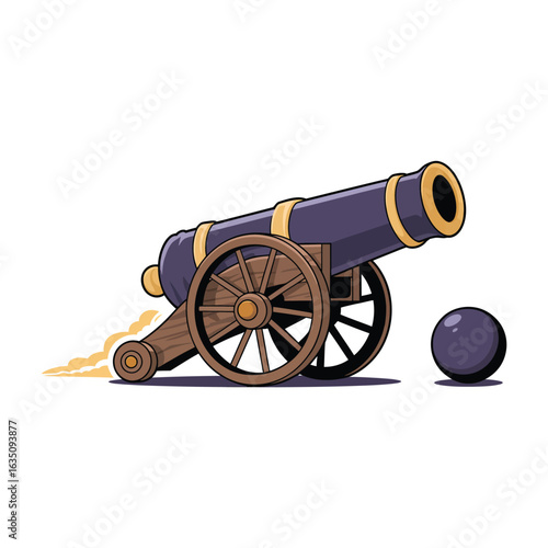 Vintage cannon with cannonball on a white background