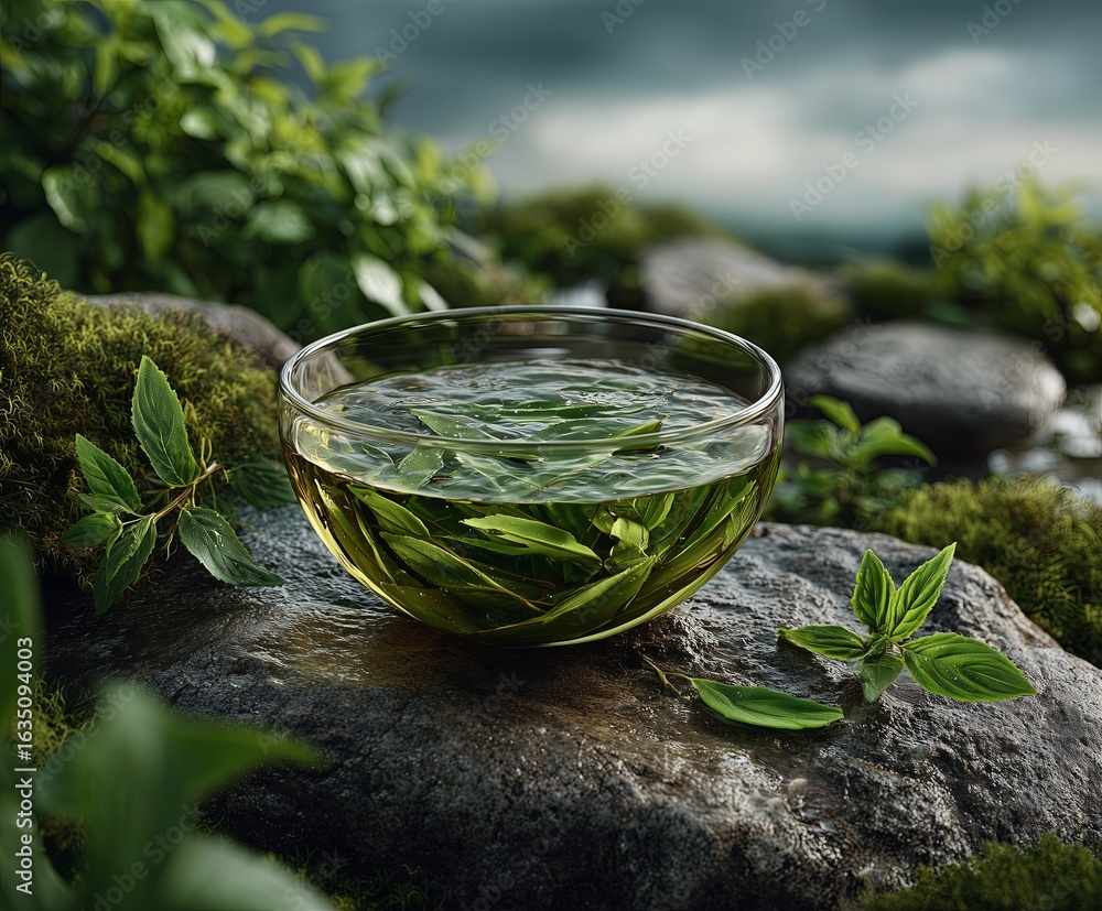A glass of green tea sits on mossy rocks, surrounded by lush plants. The serene setting highlights tranquility and the natural beauty of tea culture. A glass of green tea sits on mossy rocks, surrounded by lush plants. The serene setting highlights tranquility and the natural beauty of tea culture.