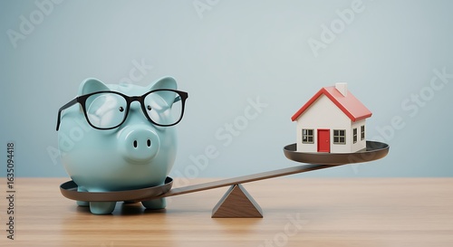 Piggy Bank And House On Balancing Scale Against Blue Background comparison