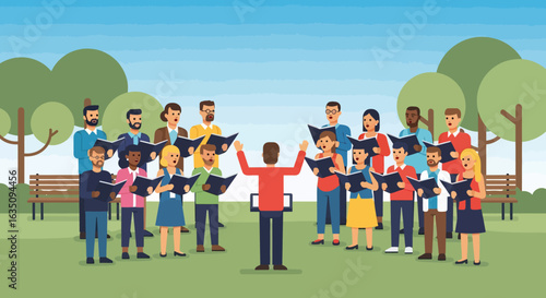 Diverse choir singing outdoors, led by conductor with raised arms