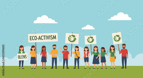 Diverse Eco-Activist Group Holding Signs with Environmental Messages in a Flat Vector Style