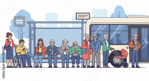Diverse Group Awaiting Public Transport at Bus Stop, Illustrated Scene