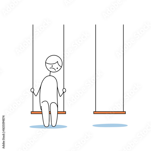 Sad person sitting alone on a swing in an empty playground  