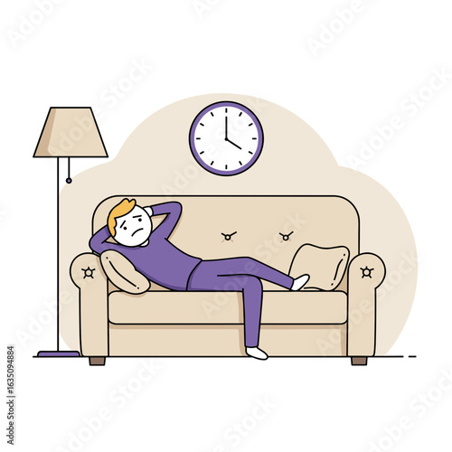Young man lying on couch looking tired with clock in background Concept of sleep problems  