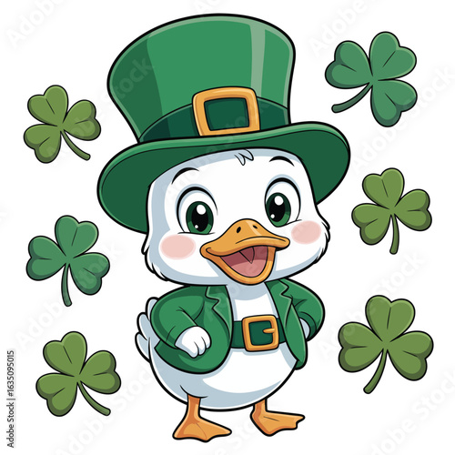 Cute cartoon duck wearing a green leprechaun hat and jacket surrounded by shamrocks