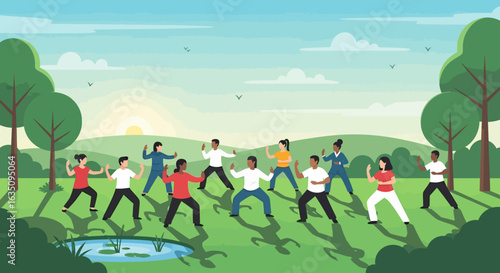 Diverse Group Practicing Tai Chi in a Peaceful Park Setting