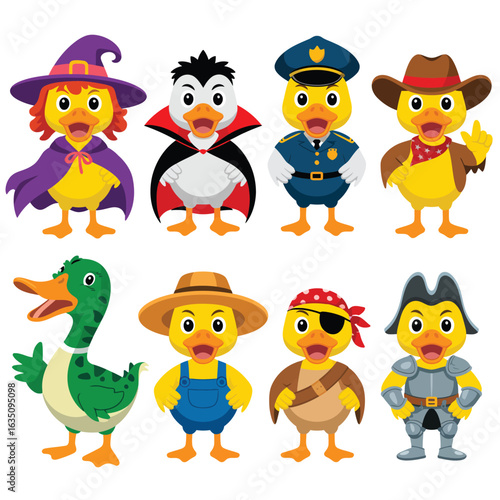 Cute cartoon ducks dressed in various costumes and professions
