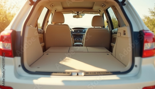 Spacious SUV trunk with seats folded down in sunlight  