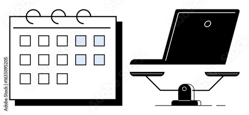 Desk calendar with highlighted dates alongside a laptop on a swivel chair. Ideal for scheduling, remote work, time management, planning, productivity, office tasks, simple flat metaphor