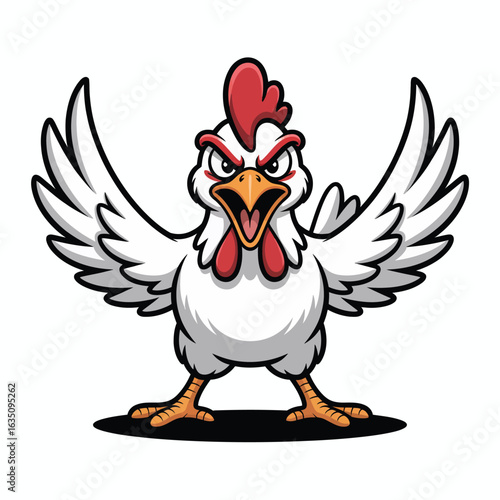 Angry cartoon chicken with wings spread wide open