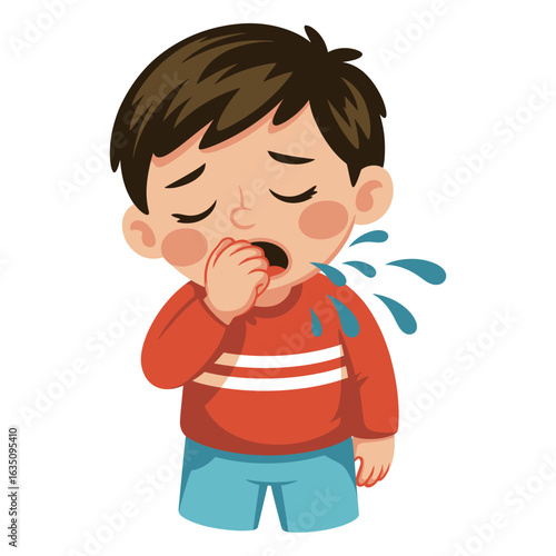 Sick young boy sneezing with droplets flying out
