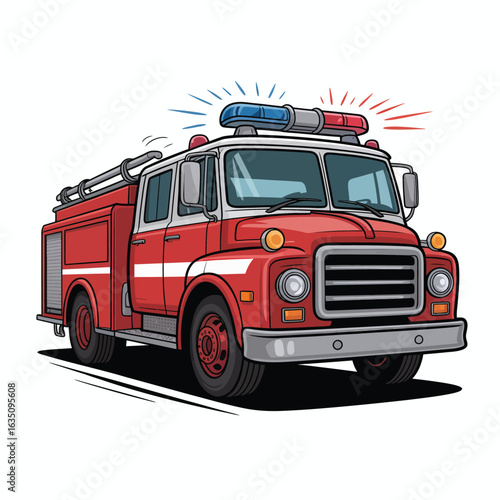 Classic red fire truck with flashing lights and siren