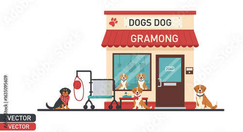 Dog grooming salon with various breeds, grooming equipment, and shopfront details