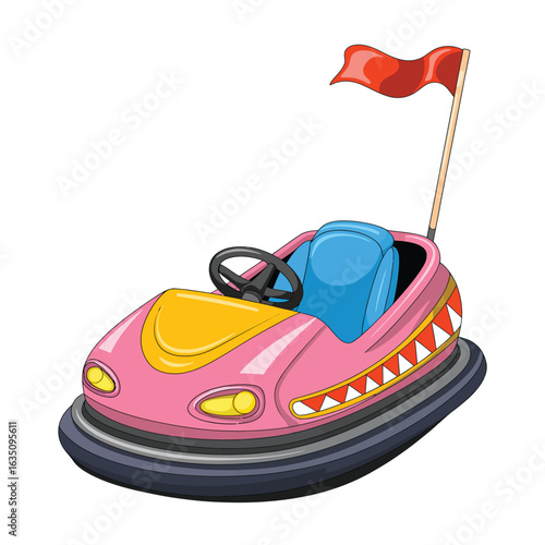 Pink bumper car with blue seat and red flag