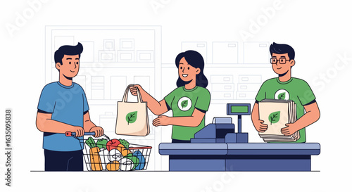 Eco-conscious grocery store scene with customer, cashier, and bagger at checkout