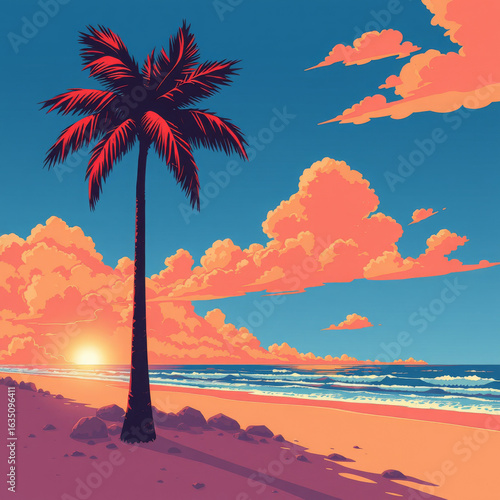 Vector of Palm Tree Silhouettes at Sunset on the Seashore in Bold Colors