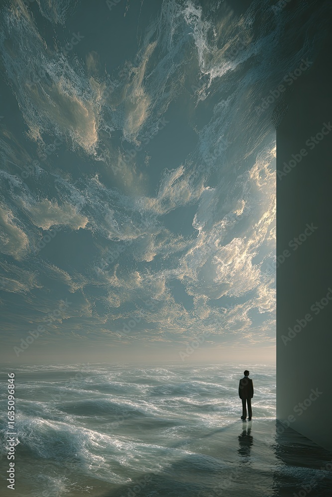 Fototapeta premium Solitary figure on a reflective surface gazing at a vast sky