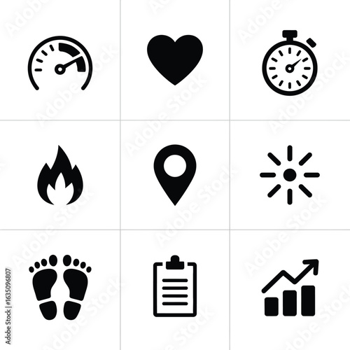 Collection of nine black fitness and health icons on a white background