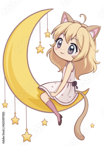 Chibi Cat Girl Sitting on Moon – Coloring Page