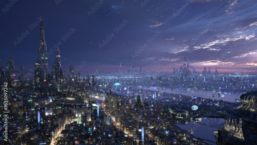 Fototapeta premium Futuristic city skyline at twilight