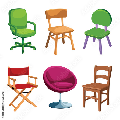 Collection of six different chairs in various styles and colors