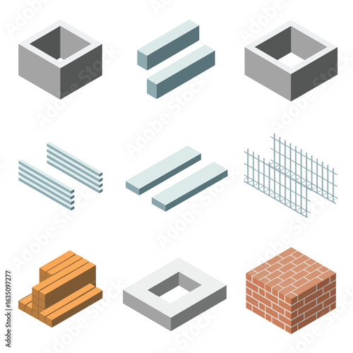 Isometric construction materials and building components on a white background