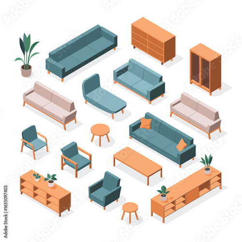 Collection of modern isometric furniture for living room and home decor