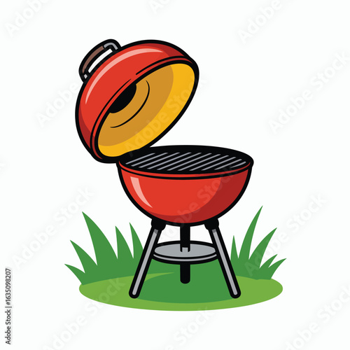 Cartoon red barbecue grill on green grass with open lid