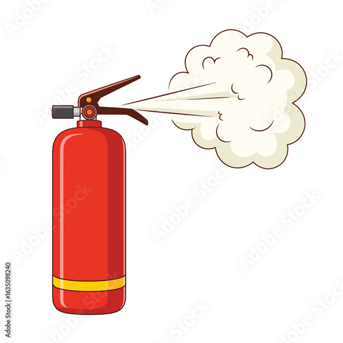 Red fire extinguisher spraying white smoke on a white background