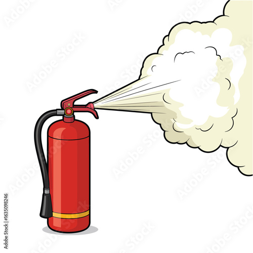 Red fire extinguisher spraying white foam and smoke isolated on white background