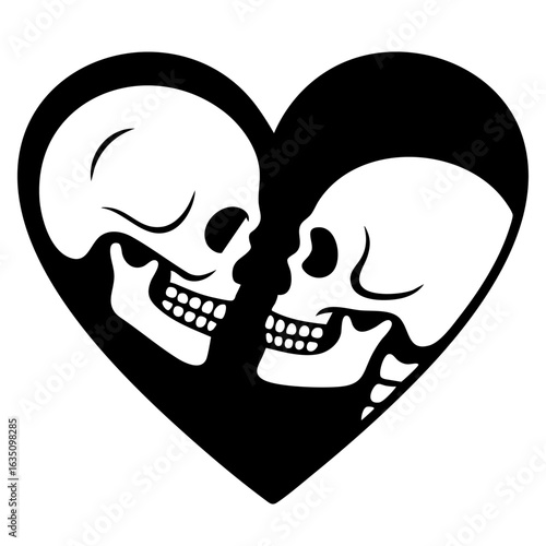 Two skulls in heart shape — gothic symbol of eternal love, death and romance, postmortem connection, macabre devotion and dark sentimental unity.

