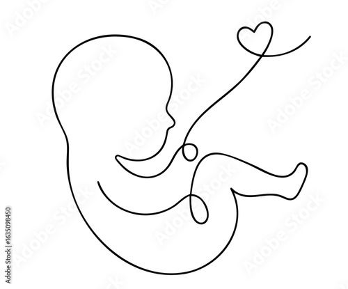 Minimal line art fetus with heart-shaped umbilical cord — symbol of pregnancy, maternal love, prenatal development and motherhood.

