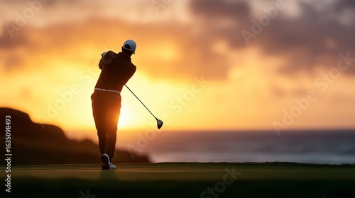 Fototapeta Naklejka Na Ścianę i Meble -  Golfer swings on seaside course at sunset overlooking the ocean