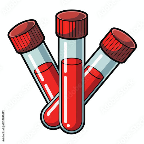 Three cartoon test tubes filled with red liquid and red caps