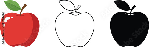 Three stylized apple clipart illustrations, one colored, one outlined, and one solid black.