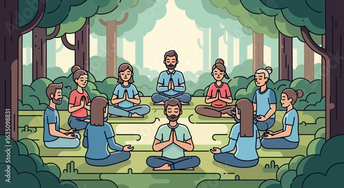 Group Meditation in Forest: Peaceful Gathering for Mindfulness and Serenity.
