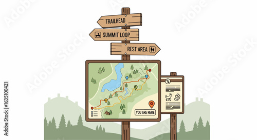 Illustrated Trailhead Signpost with Park Map and Regulations