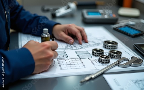 Engineer technician designing drawings mechanical parts engineering Engine.manufacturing factory Industry Industrial work project blueprints measuring bearings caliper tools. High quality