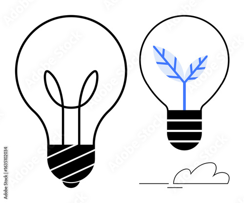 Lightbulb with plant sprouting inside, representing eco-friendly ideas and sustainable innovation. Ideal for innovation, energy, environment, sustainability, growth, ecology creativity. Simple flat
