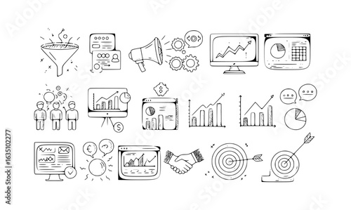 Hand-drawn collection of business, marketing, and data analytics icons including growth charts, sales funnels, team collaboration, financial reports, and strategic goals.